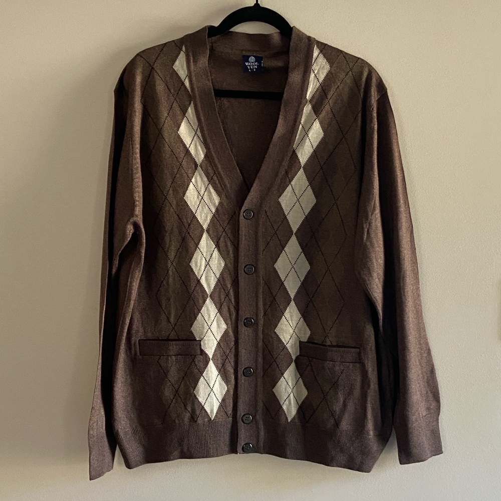 Wool Yun Brown/Cream Argyle Cardigan Sweater sz L